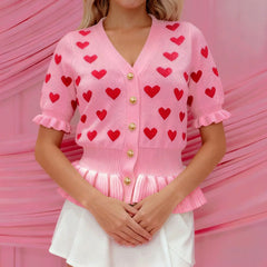 Heart Pattern Half Sleeve Ruffled Hem Cardigan Top