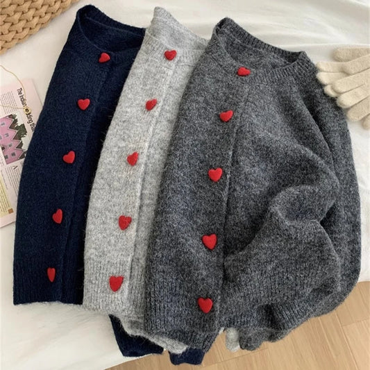 Deep Grey Wool Knitted Heart Buttoned Cardigan