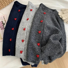 Deep Grey Wool Knitted Heart Buttoned Cardigan