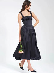 Satin Pleated Strap Long Dress
