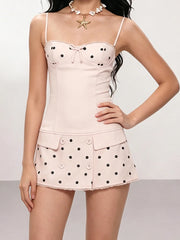Square Neck Button Applique Polka Dot Mini Dress