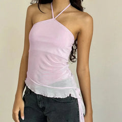 Asymmetric Hem Mesh Halter Tank Top