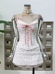 Floral Corset Strap Bow Corset And Mesh Overlay Mini Skirt Set