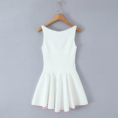 White Embroidery Red Flower Lapel V neck Mini Dress