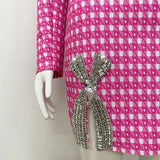 Pink Checkered Rhinestone Desgin Crop Blazer And Mini Skirt Set