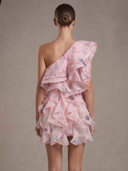 Pink Printed One Shoulder Multi-layered Ruffles Mini Dress