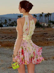 Print Floral Deep V-neck Mini Dress