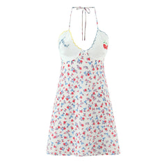 Floral Print Halter V-neck Sling Mini Dress
