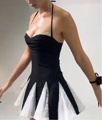 Black Polka Dot Halter Lace Ruffle Hem Mini Dress