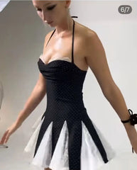 Black Polka Dot Lace Patchwork Ruffle Hem Strappy Mini Dress