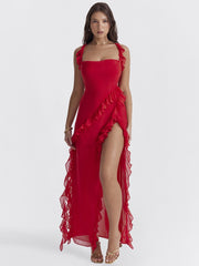 Red Ruffle Split Maxi Dress Free From Label