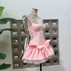 Gingham Spaghetti Strap Bow Tulle Hem Mini Dress