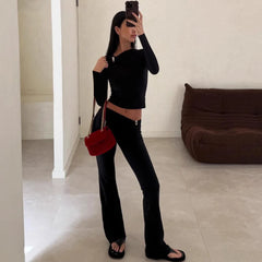 Black Long Sleeve Asymmetric Crop Top And Long Pants Matching Set