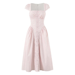 Pink Plaid Button Puff Sleeve Midi Dress