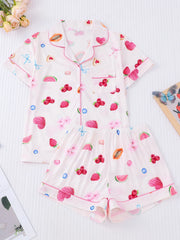 Fruit Print Short Sleeve Button Shirt And Shorts Pajama Set