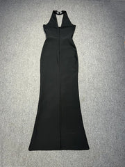 Black Halter Neck Diamonds Beaded Long Dress