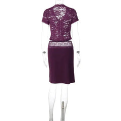Purple Lace Sheer Short Sleeve Crop Top And Midi Skirt Set