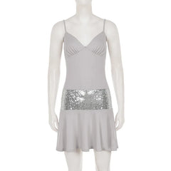 Grey Sequin Strap Patchwork Mini Dress