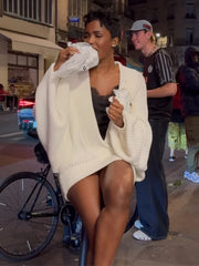 White Knit Deep V-Neck Mini Long Sleeve Dress