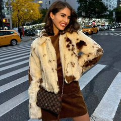 Animal Print Faux Fur Zip Short Coat