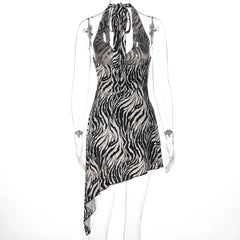 Animal Print Halter Asymmetrical Short Dress