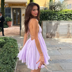 Purple Chiffon Deep V Neck A-line Mini Dress