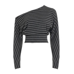 Grey Striped One-Shoulder Long-Sleeve Top and Shorts Matching Set