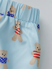 Blue Bear Print V Neck Short Sleeve Top with Shorts Lounge Wear Set