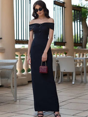 Black Off-shoulder Satin Buttoned Maxi Dress