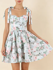 Print Corset Style Bow Strap Tiered Ruffled Mini Dress