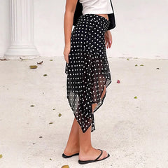 Black Chiffon Polka Dot Irregular Mesh Splice Midi Skirt