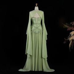 Cape Sleeve Chiffon Tiered Petals Sequined Pearl Embellished Gown