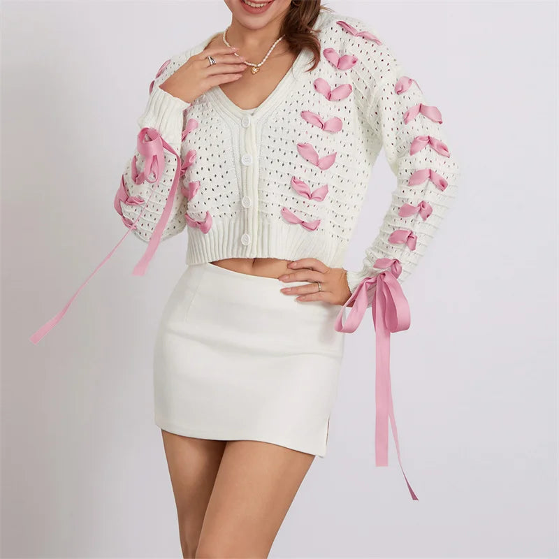 White Pink Ribbon Lace Up Sweater Cardigan - Free From Label