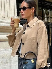 Brown Lapel Pocket Short Jacket