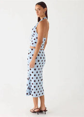 Blue Polka Dot Halter Drawstring Ruched Top And Midi Skirt Set