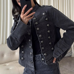 Stand Collar Button Split Short Denim Jacket