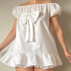 White Bow Ruffle Hem Short Sleeve Babydoll Top And Boomers Shorts Set