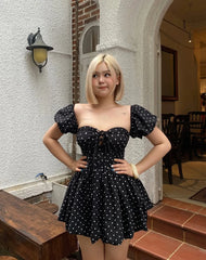 Black Polka Dot Off-Shoulder Puff Sleeve A-Line Mini Dress