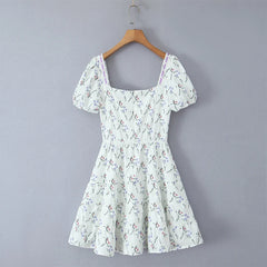 White Floral Print Puff Sleeve Square Neck A-line Mini Dress