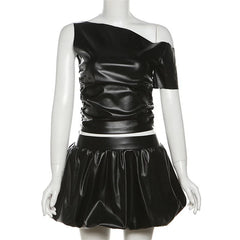 Black PU Leather Off-Shoulder And Pleated Mini Skirt Two Piece Set