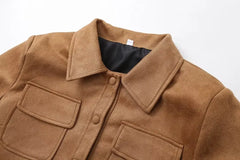 Brown suede jacket with a cropped length.