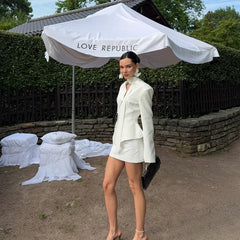 White V-Neck Tapered Waist Suit And Mini Skirt Set