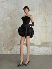 Bow Patchwork Ruffle Corset And Mini Skirt Two Piece Set