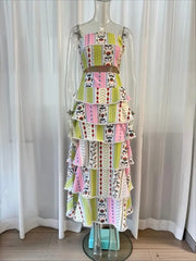 Floral Patchwork Pom Pom Trim Tiered Maxi Dress