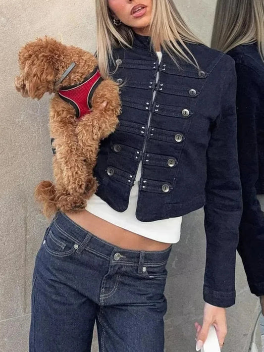 Stand Collar Denim Button Jacket