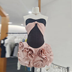 Black Satin Strapless Croset Top And 3d Frill Flower Mini Skirt Two-Piece Set