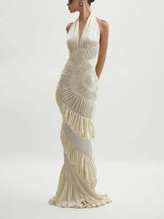Beige Halter Folds Ruffles Long Dress