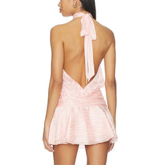 Satin Tie Neck Elastic Smocked Waist Open Back Mini Dress