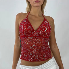 Sparkly V Neck Tie Back Sheer Crop Top