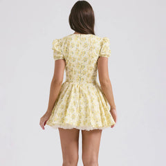 Yellow Deep Neck Puff Sleeve Mini Dress